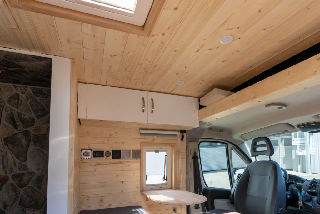 interior view of a self-build camper van in the finishing stages